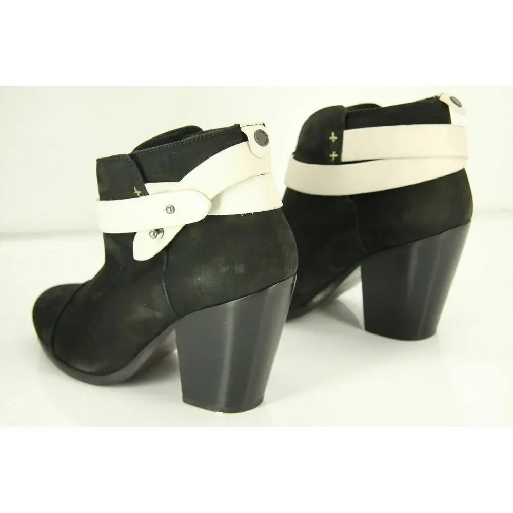 Rag & Bone Harrow White Strap Black Suede Ankle Boots Size 37.5 New $495